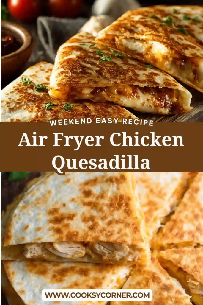 Close-up of a cheesy chicken quesadilla cooked in an air fryer with a crispy golden exterior. The filling is warm and flavorful.