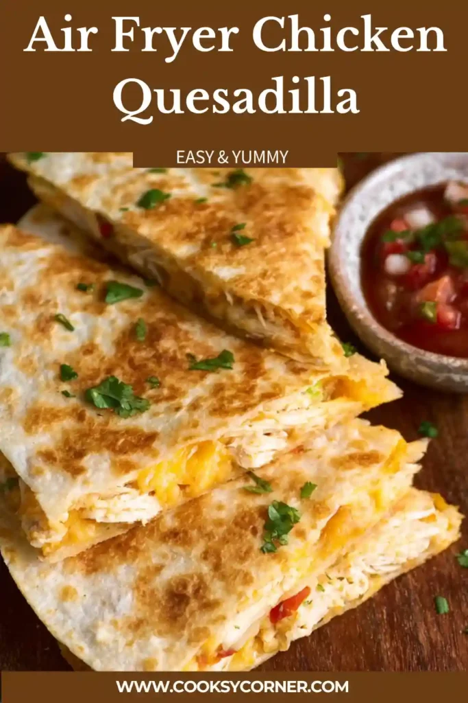 Air fryer chicken quesadilla served with salsa and guacamole, showing melted cheese and tender chicken inside.