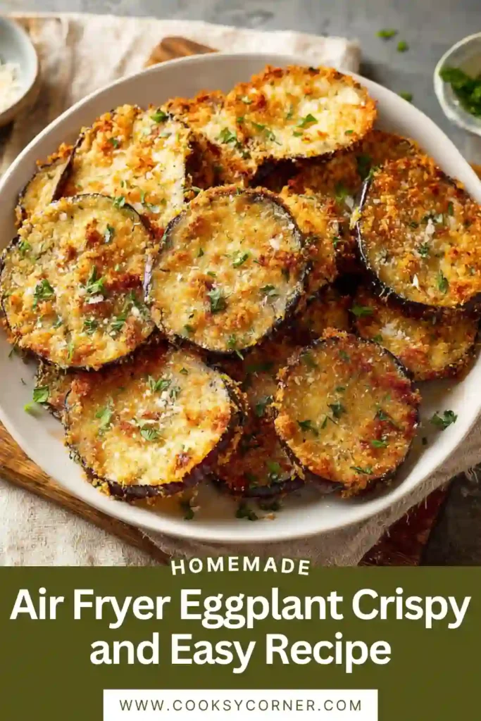 Freshly cooked Air Fryer Eggplant arranged on a serving platter with basil leaves and Parmesan. The crispy texture and golden color highlight this easy vegetable recipe.