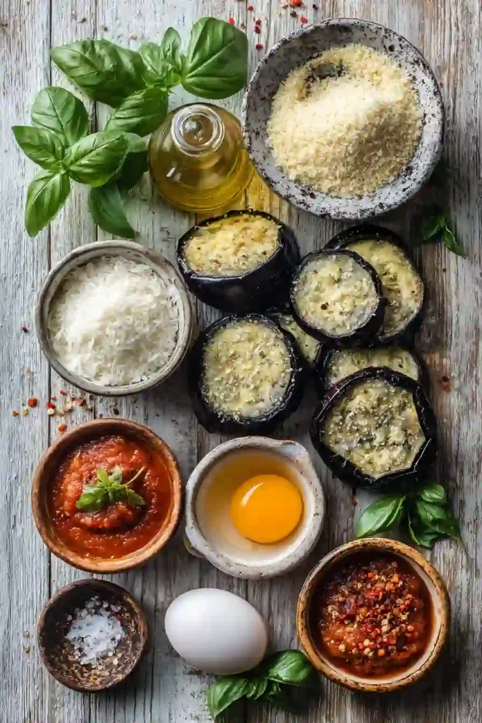 Homemade Air Fryer Eggplant served with tomato sauce, cashew cream, and fresh basil. The crispy breaded slices are golden and perfectly cooked.