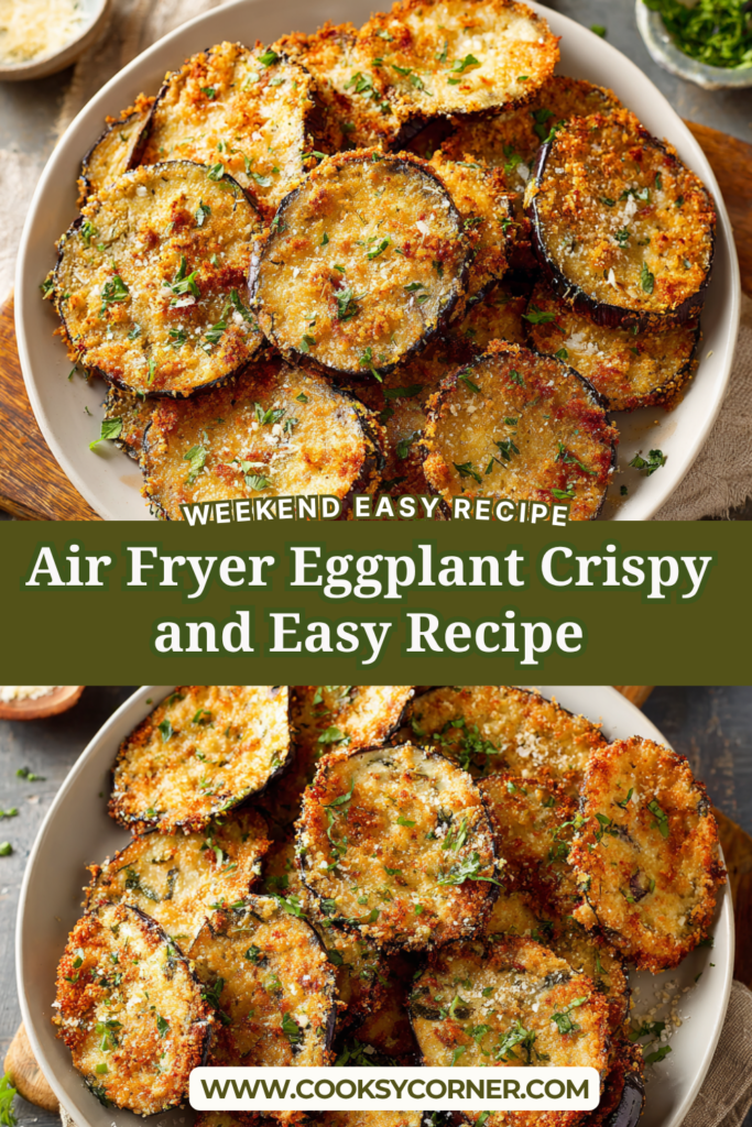 A plate of crispy Air Fryer Eggplant slices with a golden breadcrumb coating. The eggplant is served with tomato sauce and fresh basil for a flavorful vegetarian meal.