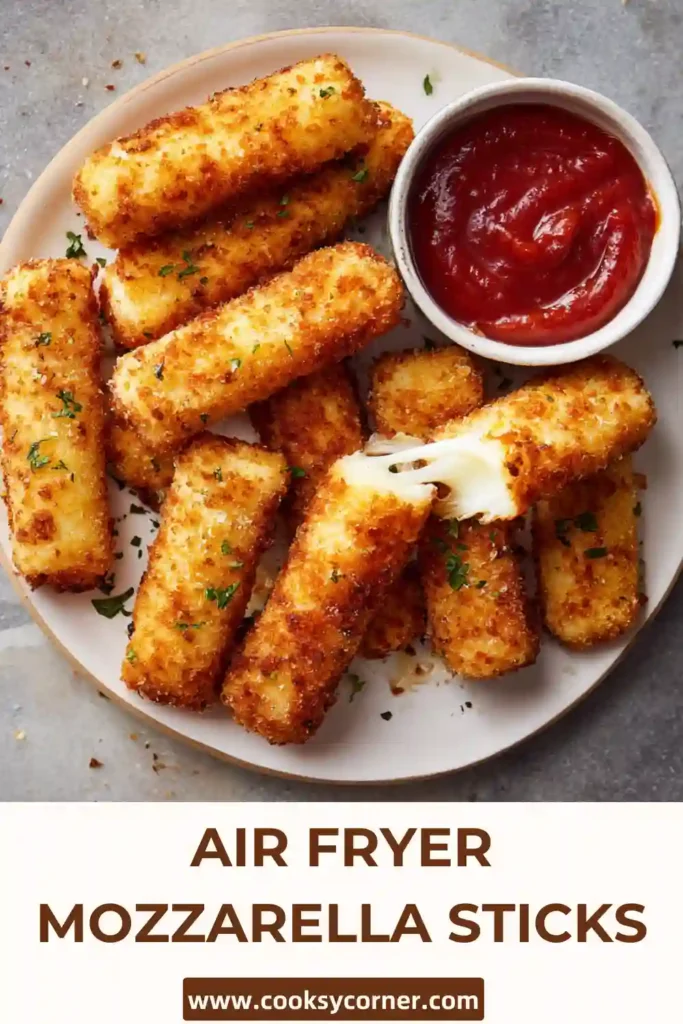 Crispy Air Fryer Mozzarella Sticks served hot with melted cheese stretching from the center. The golden breadcrumb coating looks crunchy and perfectly cooked.