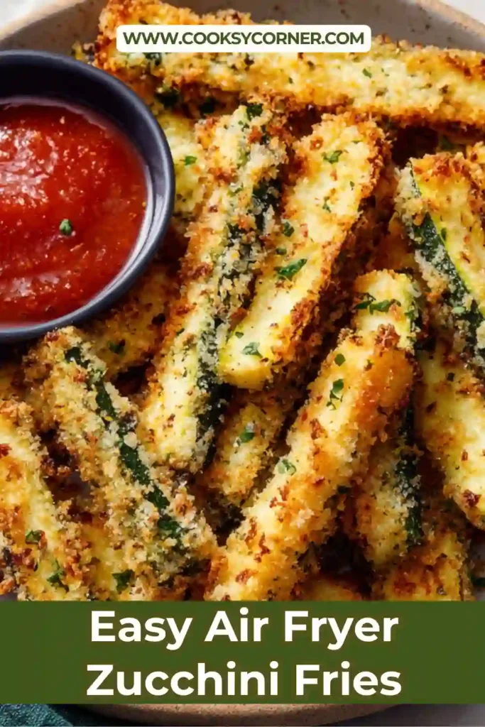 Close-up of crunchy zucchini fries cooked in an air fryer, showing a golden breadcrumb crust.