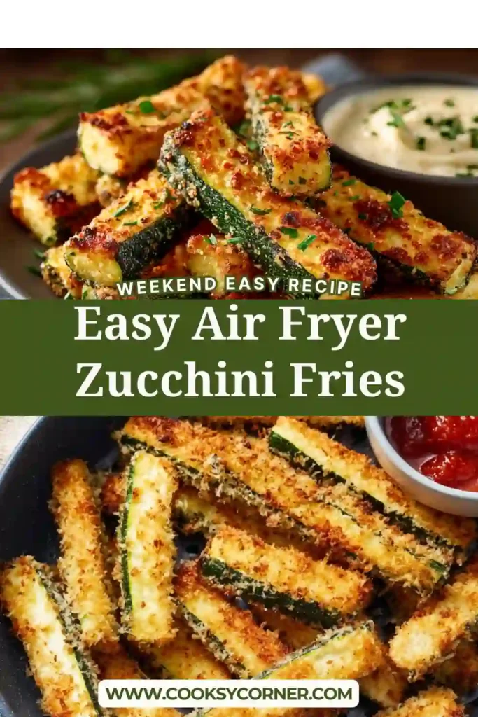 Crispy air fryer zucchini fries coated in panko and parmesan, served golden brown on a plate with dipping sauce.
