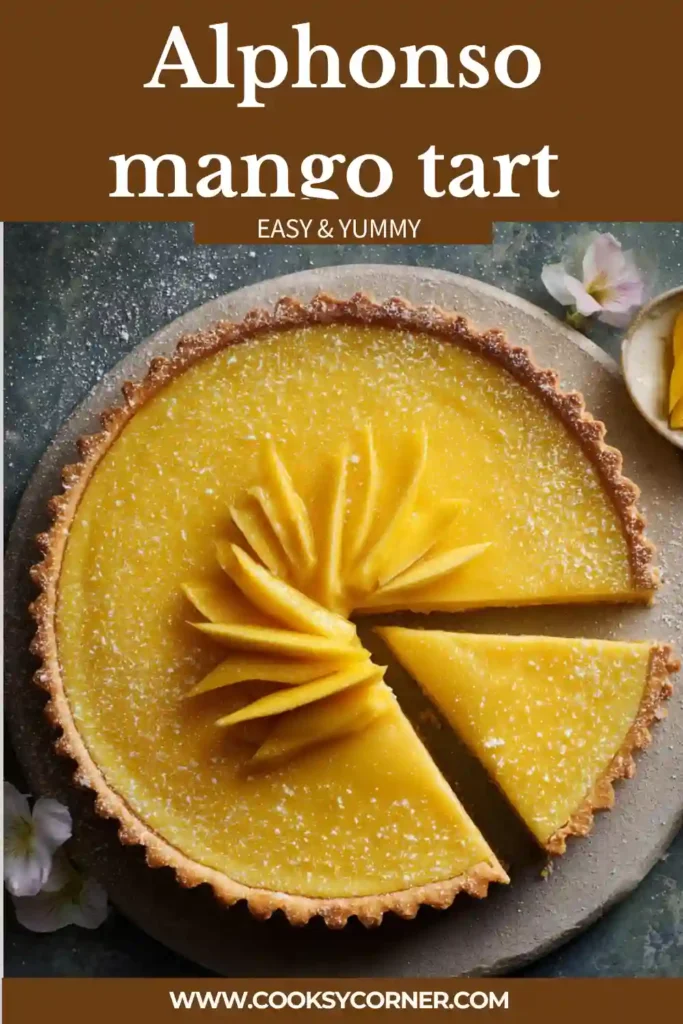 A golden Alphonso mango tart with smooth creamy filling and buttery crust, sliced and ready to serve on a plate.