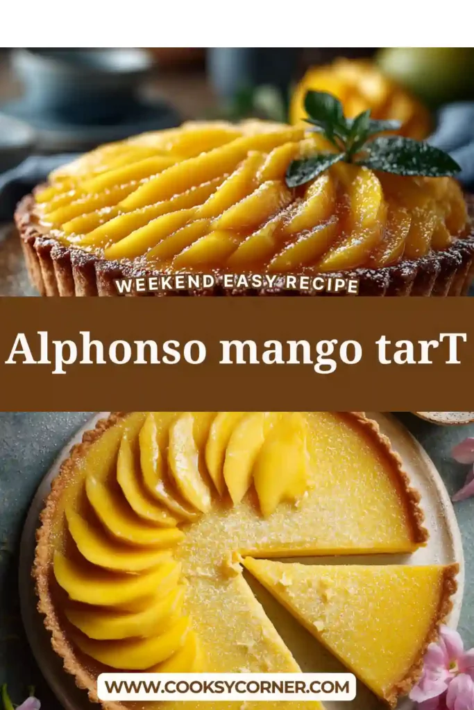 Close-up of a creamy mango tart made with Alphonso mango pulp and cardamom pastry crust.