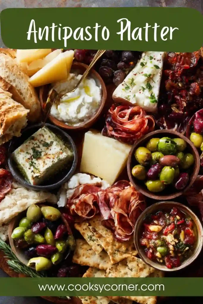 A colorful antipasto platter filled with Italian cheeses, olives, roasted red peppers, crostini, and marinated vegetables arranged on a large serving board. This easy appetizer platter is perfect for entertaining and holiday gatherings.