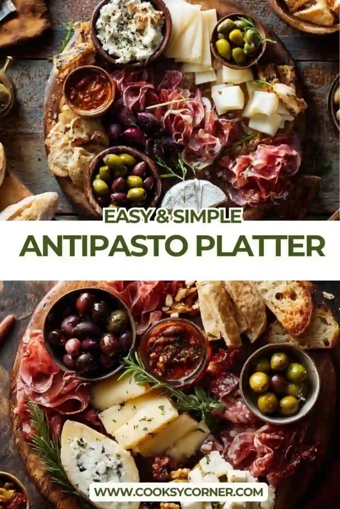 An elegant antipasto board featuring mozzarella, provolone, Parmigiano Reggiano, olives, cherry tomatoes, and crunchy crostini. The Italian-inspired appetizer looks fresh, vibrant, and party-ready.