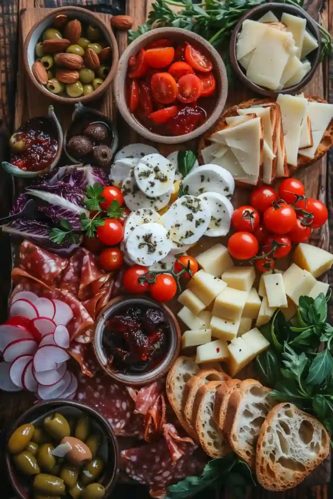 A beautifully styled Italian appetizer platter loaded with olives, cheeses, vegetables, almonds, and crostini on a wooden serving board. The antipasto platter offers a delicious mix of textures and flavors.