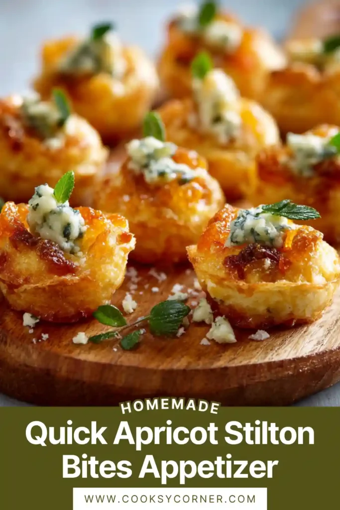Apricot Stilton Bites arranged on a platter topped with pistachios and thyme. The sweet and savory appetizer looks elegant and perfect for parties.