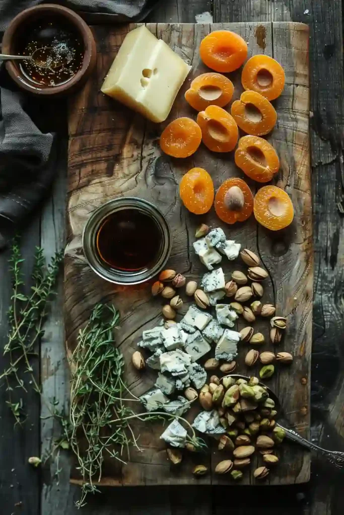 Sweet and savory apricot Stilton bites displayed on a serving board with nuts and herbs. A simple yet elegant appetizer.