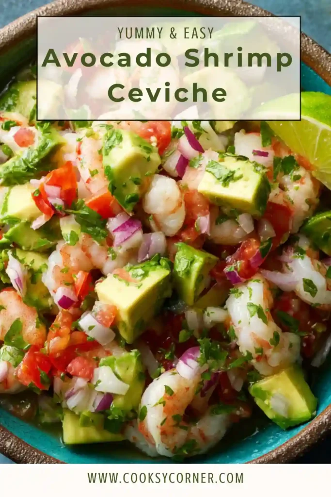Close-up of creamy avocado shrimp ceviche served chilled with fresh herbs and lime.