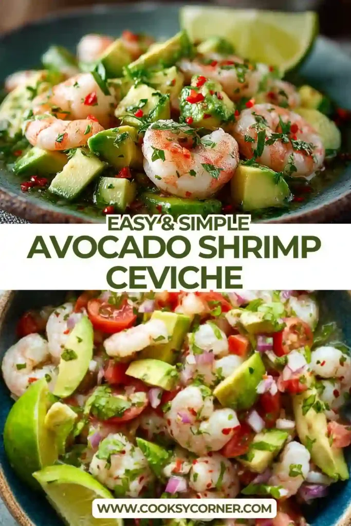 Fresh shrimp ceviche mixed with avocado, onion, and jalapeño in a citrus marinade.