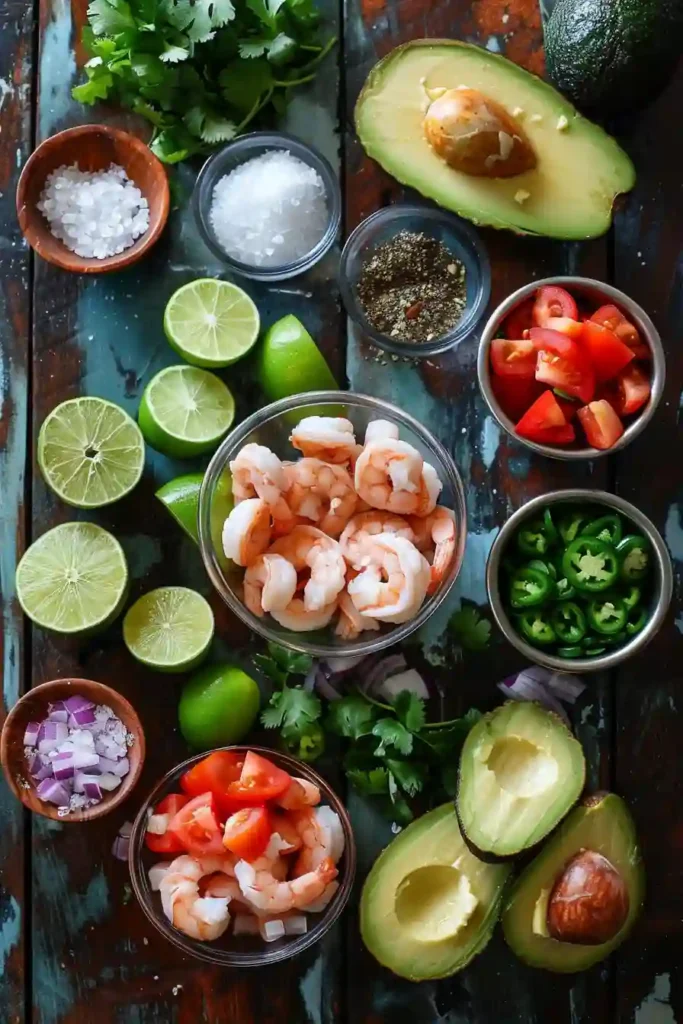 Healthy avocado shrimp ceviche recipe plated with fresh vegetables and citrus dressing.