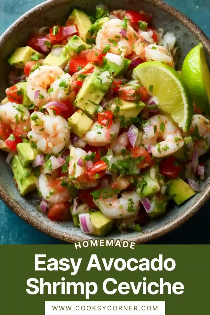 A bowl of avocado shrimp ceviche with fresh lime, tomatoes, and cilantro, showcasing vibrant colors and textures.
