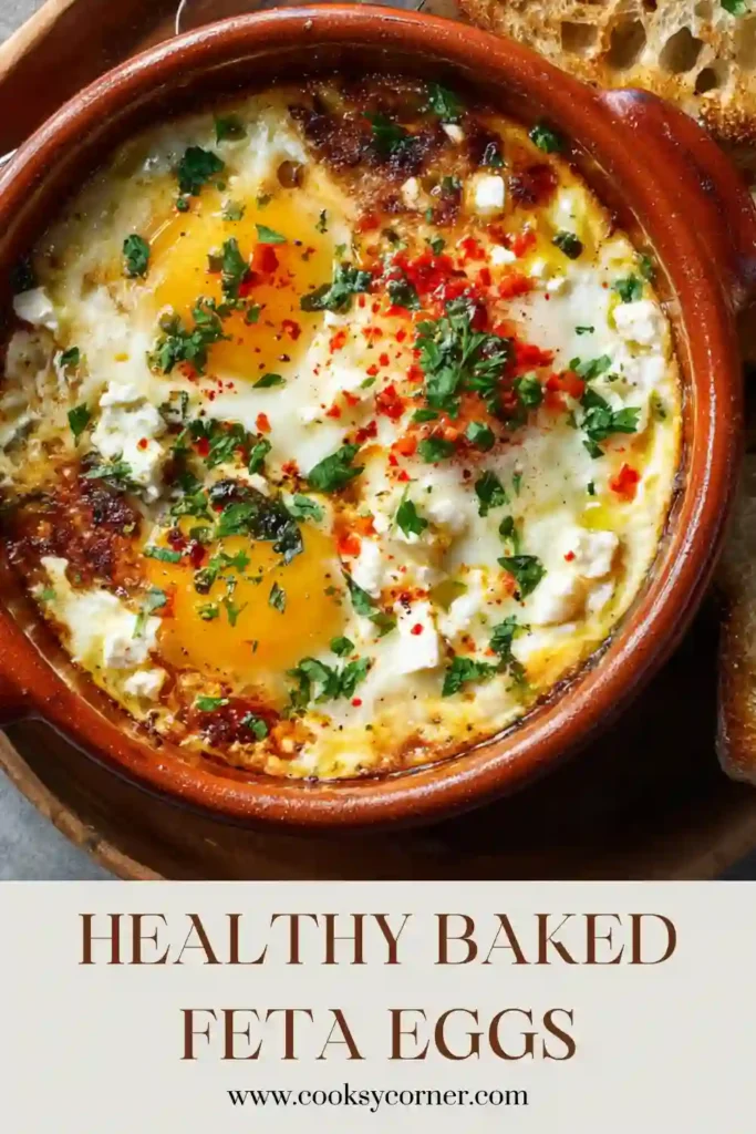 A skillet filled with baked feta eggs, roasted cherry tomatoes, spinach, and herbs fresh from the oven. This Mediterranean breakfast recipe features creamy feta cheese and perfectly baked eggs.