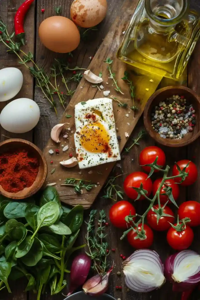 Mediterranean baked feta eggs with spinach, tomatoes, and red peppers served in a ceramic dish. The eggs are perfectly cooked with vibrant roasted vegetables and creamy feta.