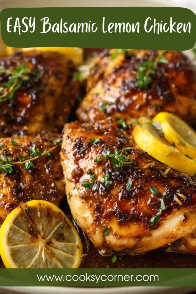 Crispy Balsamic Lemon Chicken roasted in a skillet with buttery lemon sauce and fresh lemon wedges. The chicken has golden brown skin and juicy tender meat.