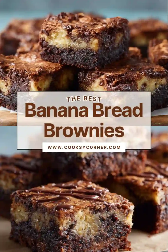 Freshly baked Banana Bread Brownies with rich chocolate swirls and moist banana layers sliced into squares on a cooling rack. The brownies have a soft fudgy texture with a marbled appearance.