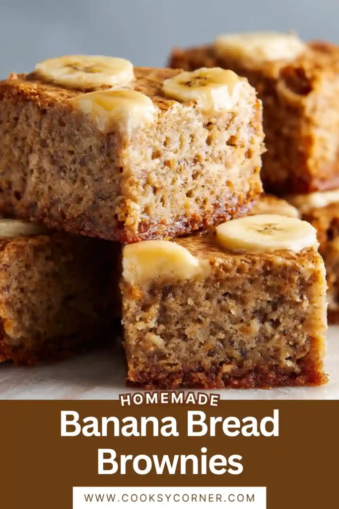 Homemade Banana Bread Brownies arranged on a serving plate with creamy brown butter frosting. Soft banana bars feature a tender crumb and golden-brown edges.