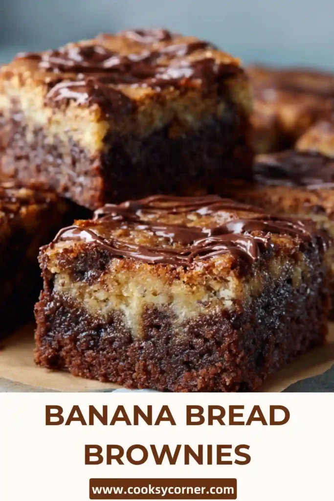 Close-up of homemade Banana Bread Brownies featuring chocolate brownie batter swirled into sweet banana bread batter. These dessert bars look moist, rich, and perfectly baked.