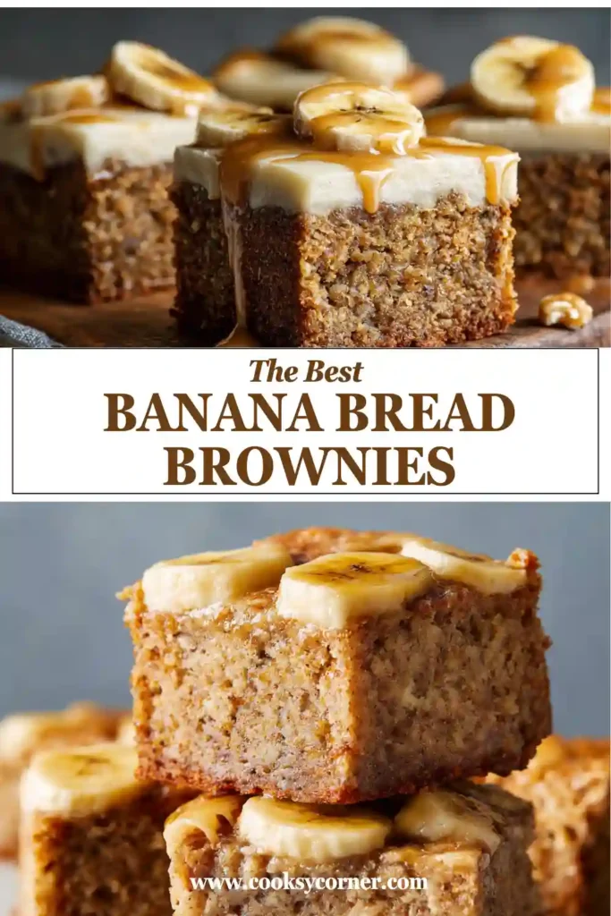 Close-up of moist Banana Bread Brownies made with ripe bananas and walnuts. Rich brown butter frosting adds a silky finish to this comforting dessert.