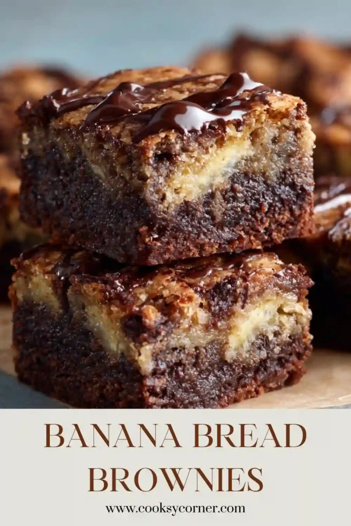 A plate of Banana Bread Brownies with deep cocoa color and soft banana bread texture served beside a cup of coffee. The brownies have glossy chocolate swirls and golden edges.
