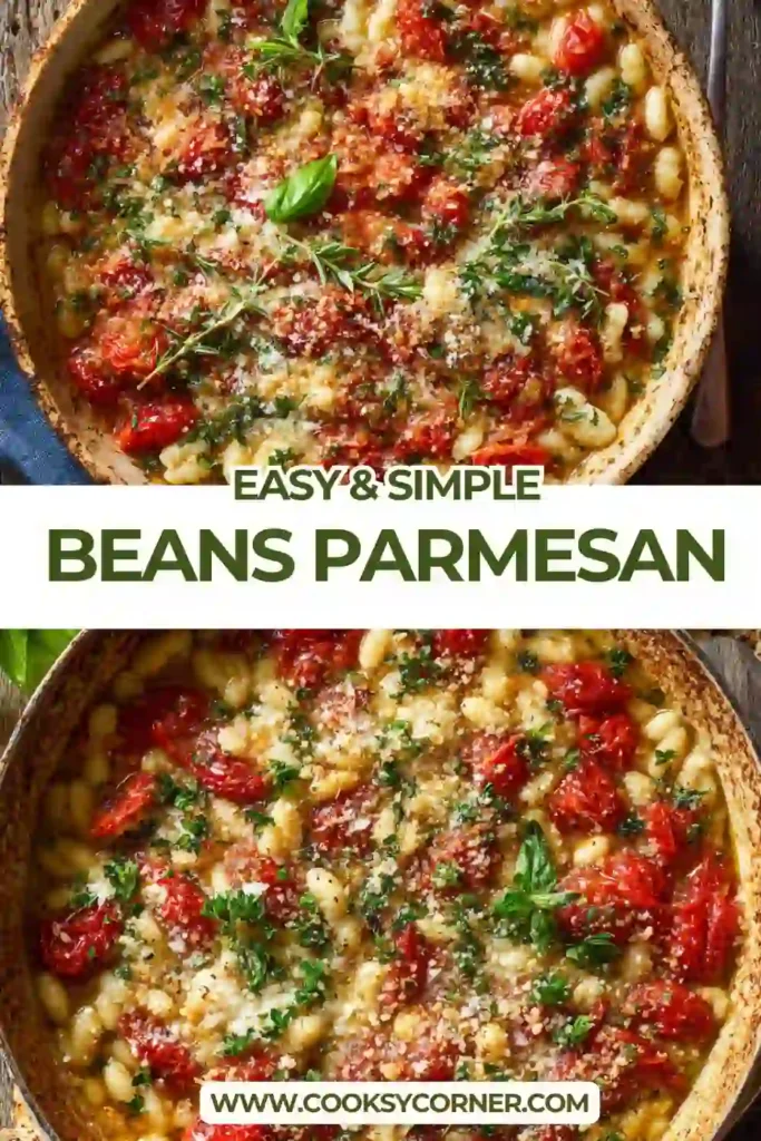 Cheesy Beans Parmesan baked in tomato sauce with white beans and golden breadcrumb topping. Fresh basil adds color and flavor to this Italian-inspired dinner.