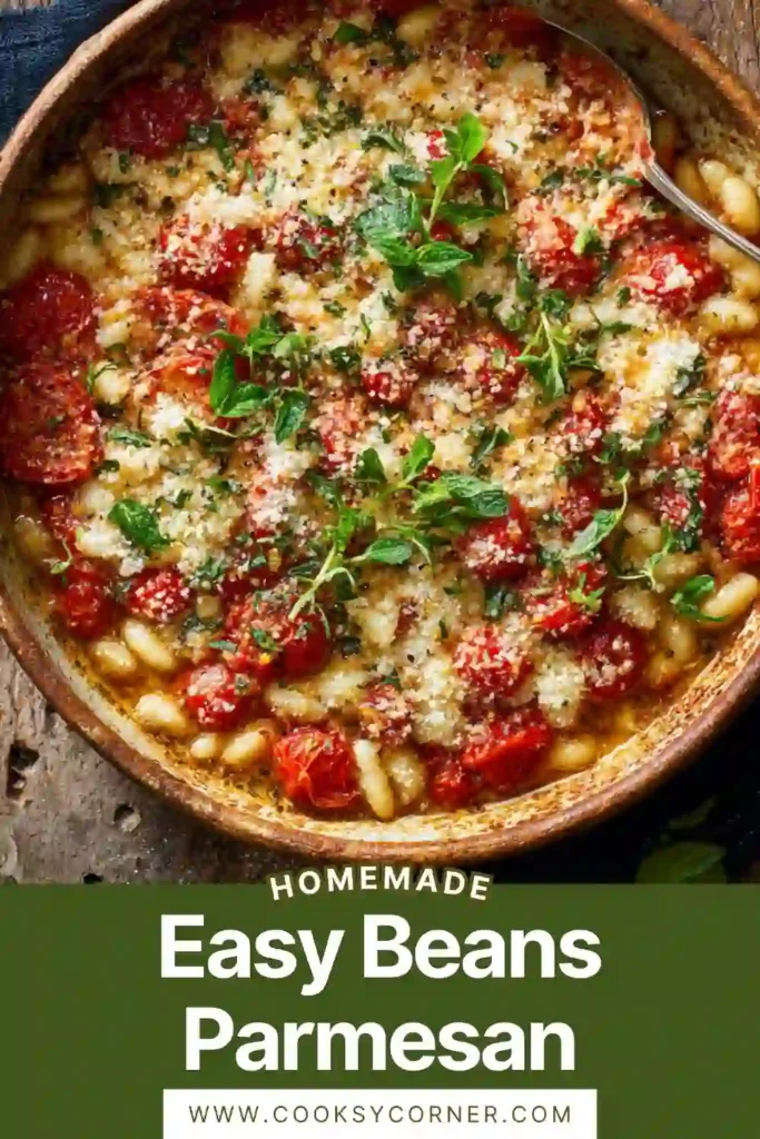 Close-up of creamy cannellini beans baked with tomato sauce, mozzarella cheese, and Parmesan breadcrumbs. This easy vegetarian skillet meal is warm and hearty.