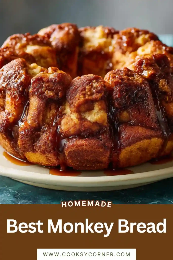 Freshly baked Best Monkey Bread served on a white plate with gooey cinnamon sugar glaze dripping between the pull-apart biscuit layers. The bread is golden brown with a soft buttery texture.