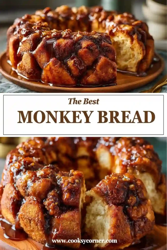 Warm cinnamon monkey bread made with biscuit dough and brown sugar caramel topping in a Bundt shape. The pull-apart pieces look soft, fluffy, and coated in sweet glaze.