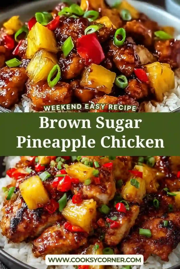 Brown Sugar Pineapple Chicken served over rice with green onions and sesame seeds. The chicken is caramelized with a glossy pineapple glaze and cooked until juicy and tender.
