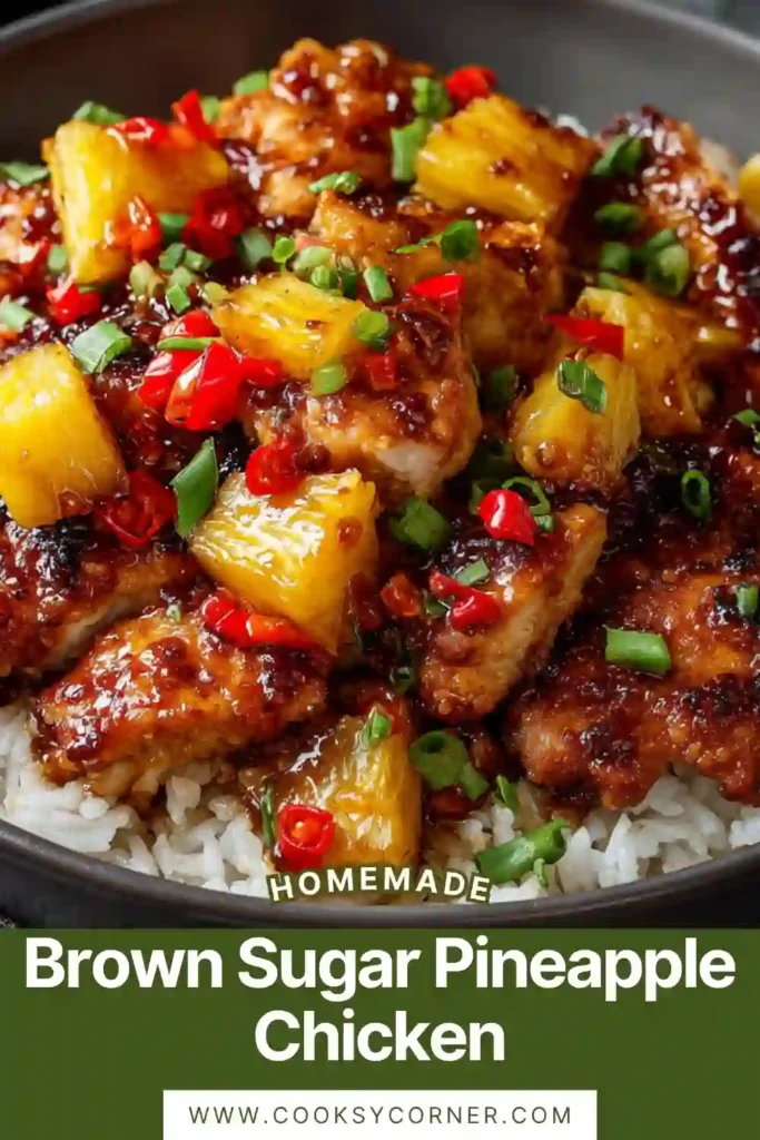Close-up of grilled Brown Sugar Pineapple Chicken with sweet pineapple marinade and golden caramelized edges. This tropical chicken recipe looks juicy and flavorful.