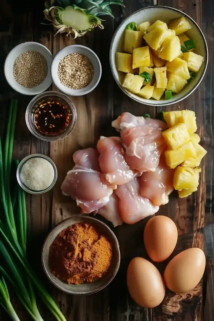 Pan-seared Brown Sugar Pineapple Chicken plated with steamed rice and vegetables. The pineapple soy marinade gives the chicken a shiny caramelized finish.
