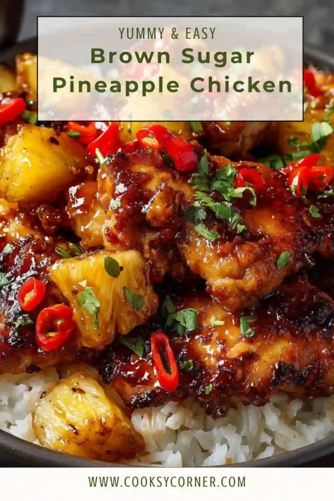 Baked Brown Sugar Pineapple Chicken in a skillet garnished with sesame seeds and sliced green onions. The sweet savory sauce creates a rich sticky glaze.
