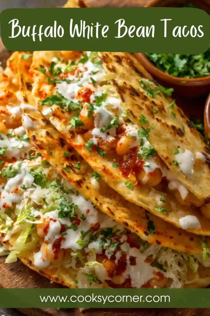 Buffalo White Bean Tacos served in warm tortillas with creamy avocado, shredded lettuce, diced tomatoes, and fresh cilantro. A spicy vegetarian taco recipe perfect for quick dinners.
