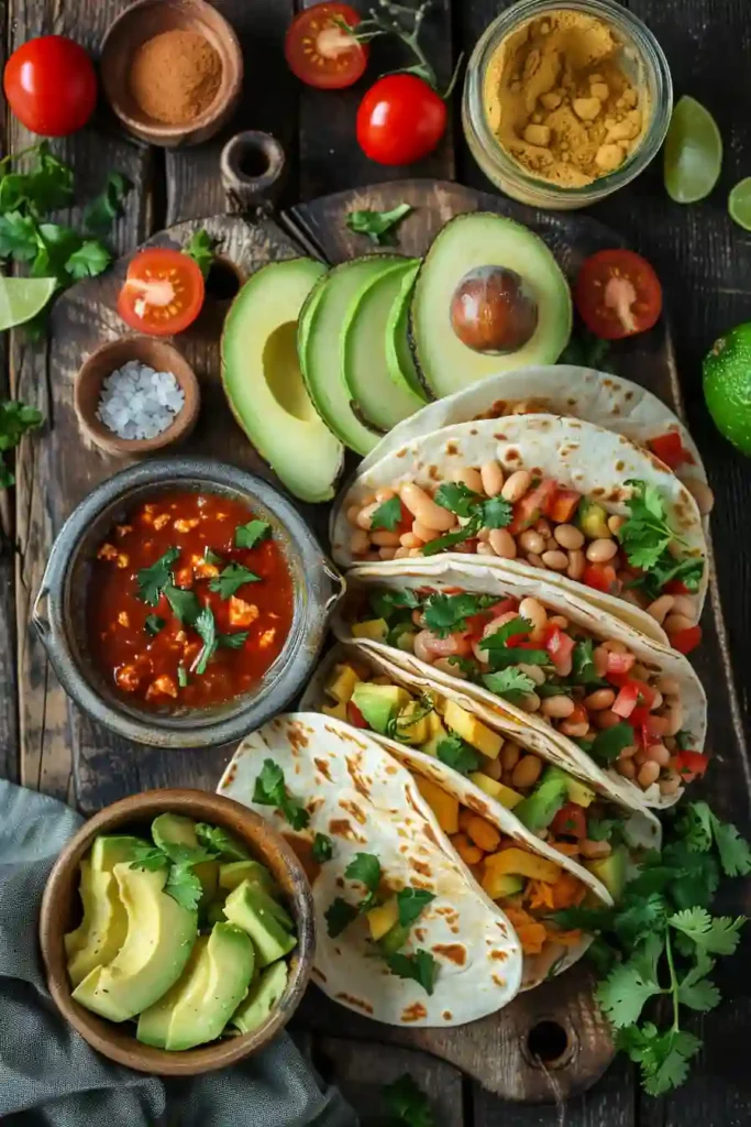 Healthy Buffalo White Bean Tacos with creamy avocado and crunchy lettuce served on soft tortillas. A simple and delicious vegetarian taco recipe.