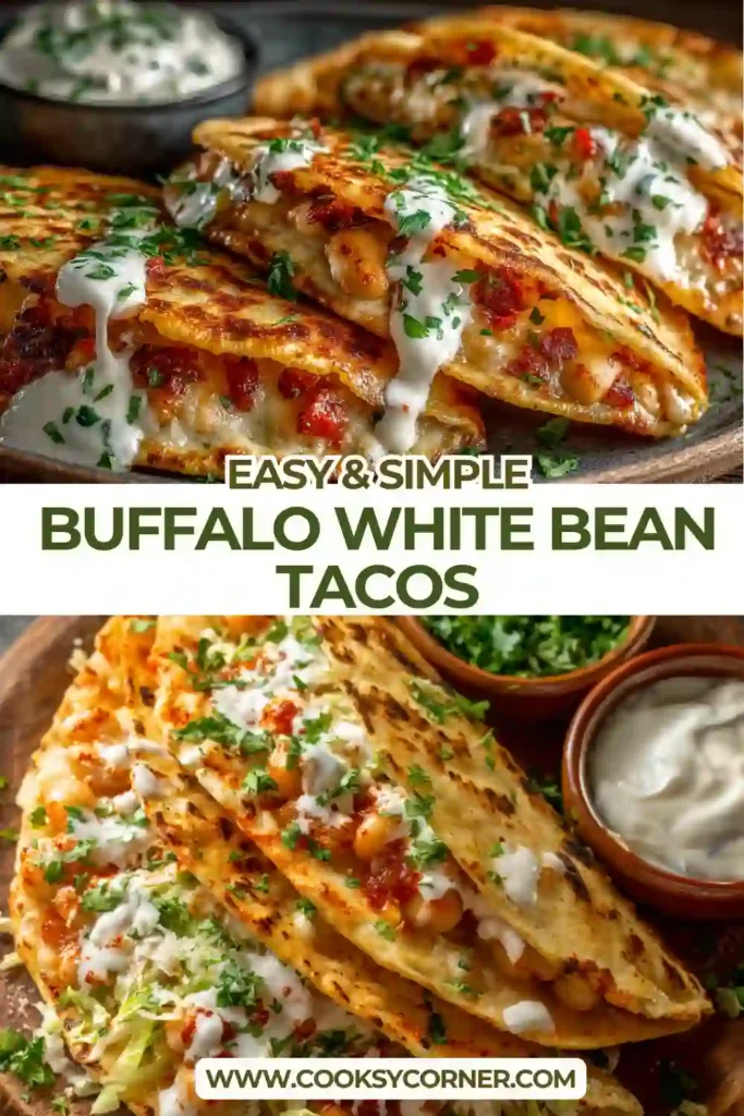 Easy Buffalo White Bean Tacos filled with seasoned white beans and topped with fresh cilantro and tomatoes. A colorful meatless taco recipe for weeknight meals.