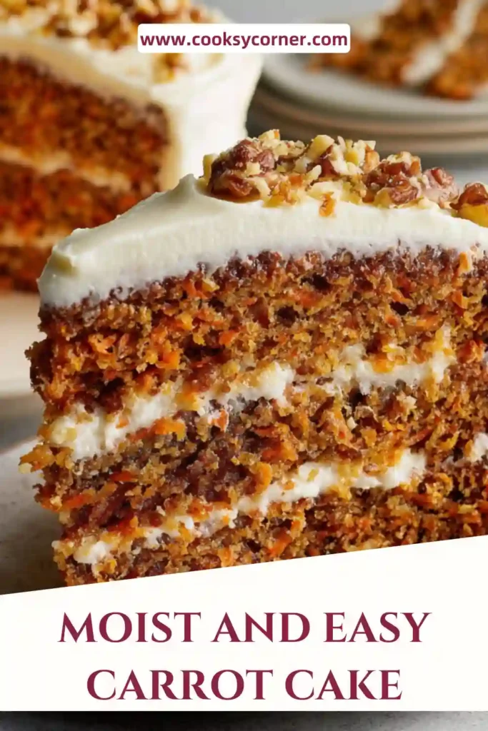 A moist carrot cake recipe layered with cream cheese frosting and topped with chopped nuts. The texture looks soft and rich with visible grated carrots.