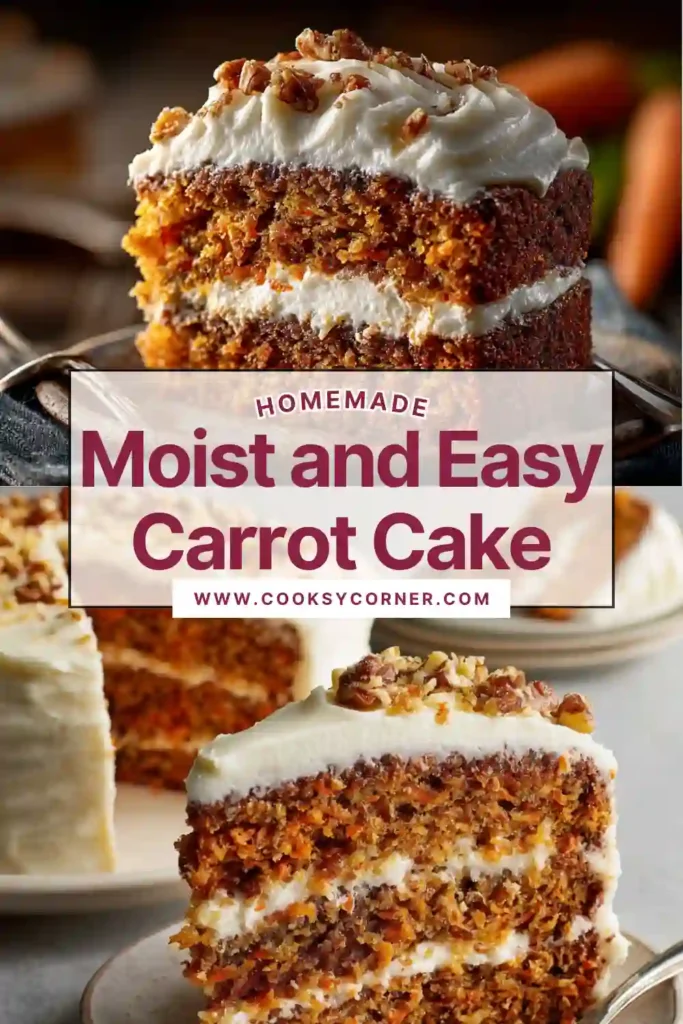 Homemade carrot cake with creamy frosting and toasted pecans on top. The cake layers are fluffy and evenly baked.