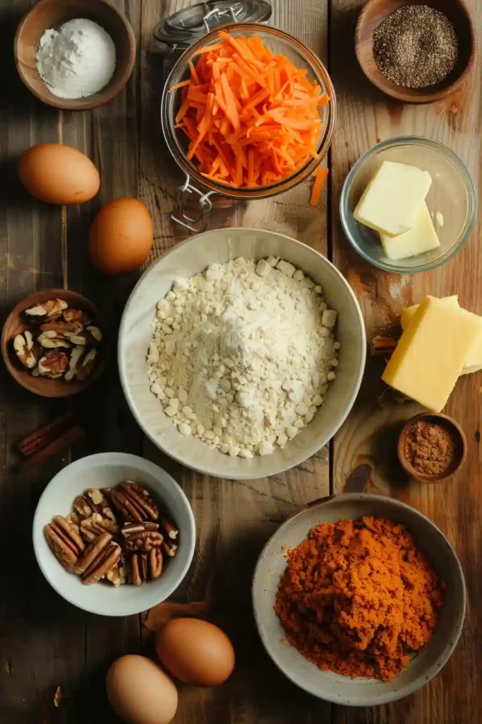 Three-layer carrot cake recipe decorated with frosting and nuts. The cake appears soft, tender, and perfectly spiced.