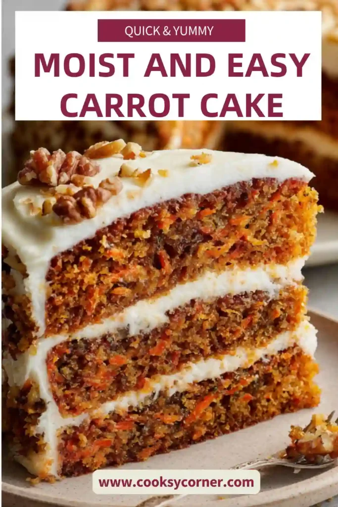 Close-up of carrot cake slice showing moist crumb and smooth cream cheese frosting. The nuts add a crunchy texture.