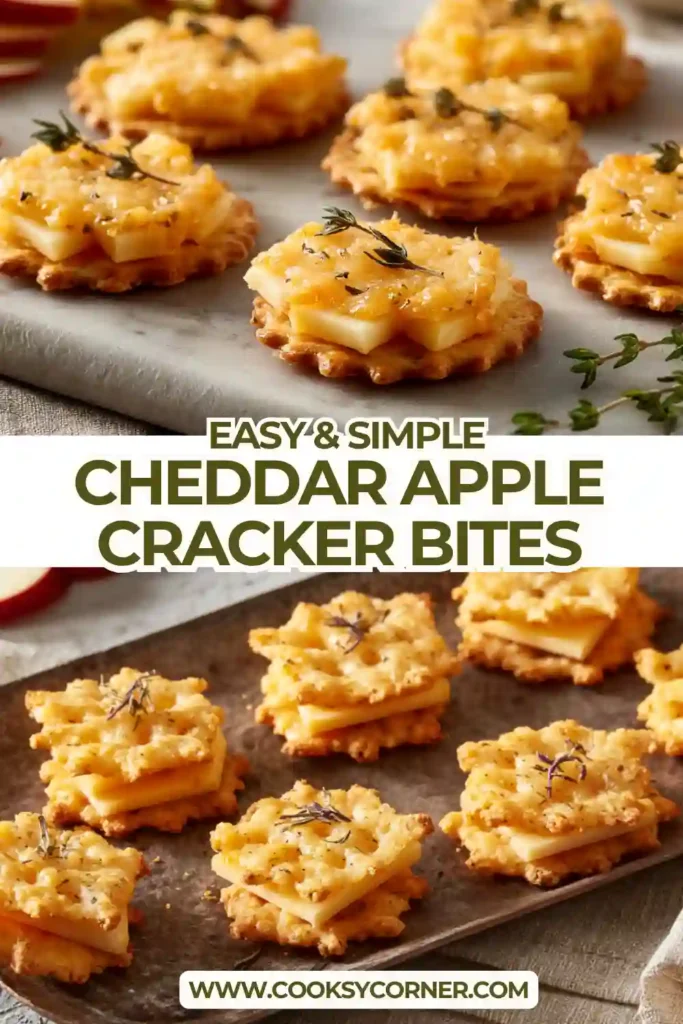 Close-up of apple cheese crackers with cheddar, thin apple slices, and golden honey mustard drizzle arranged neatly for serving.