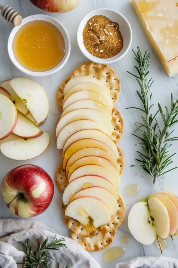Homemade Cheddar Apple Cracker Bites styled with rosemary garnish, showcasing a fresh and easy no-cook appetizer idea.