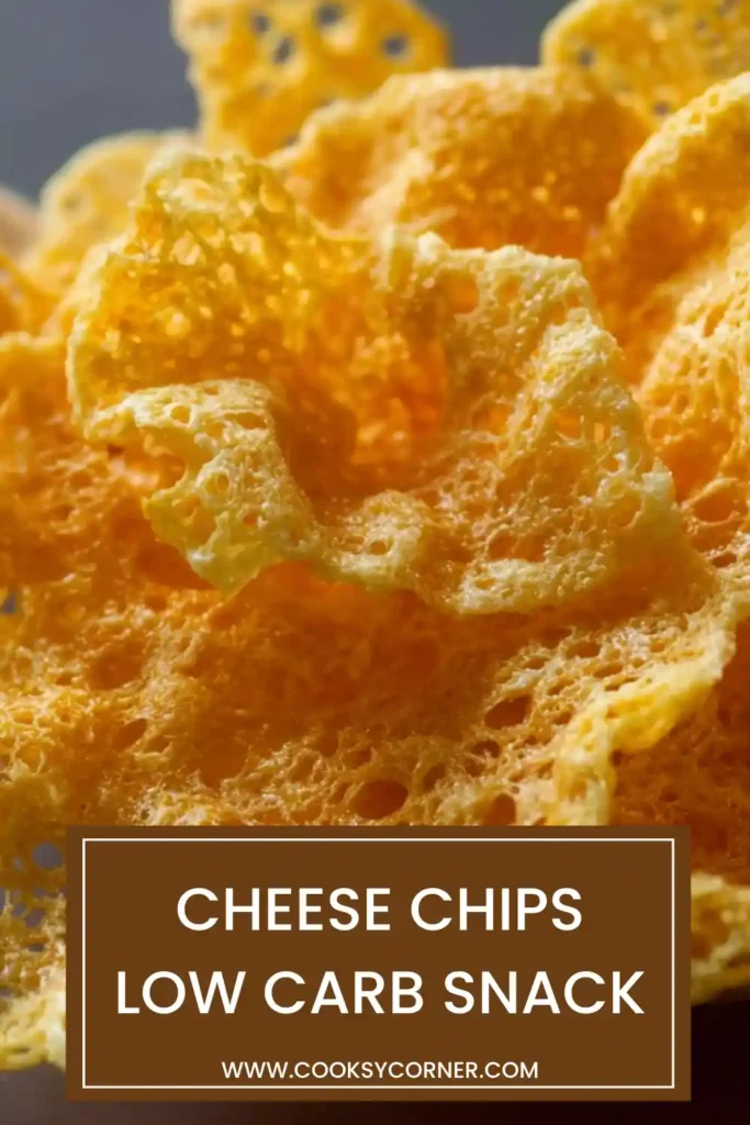 Close-up of golden baked cheese crisps with a crunchy texture. Perfect low carb cheese chips for snacking.