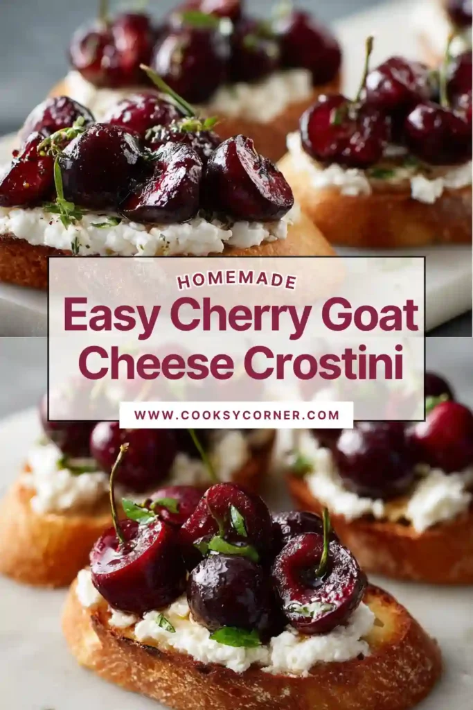 Close-up of Cherry Goat Cheese Crostini showing creamy cheese spread and juicy cherry topping with a honey drizzle.