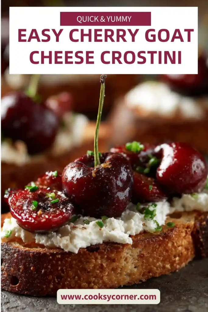 Cherry Goat Cheese Crostini topped with fresh cherries, pistachios, and honey on toasted baguette slices. A vibrant and elegant appetizer.