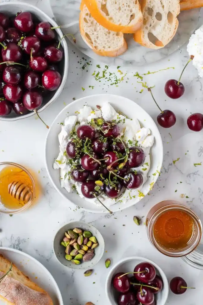 Golden toasted crostini topped with goat cheese, cherries, pistachios, and honey in a bright natural setting.