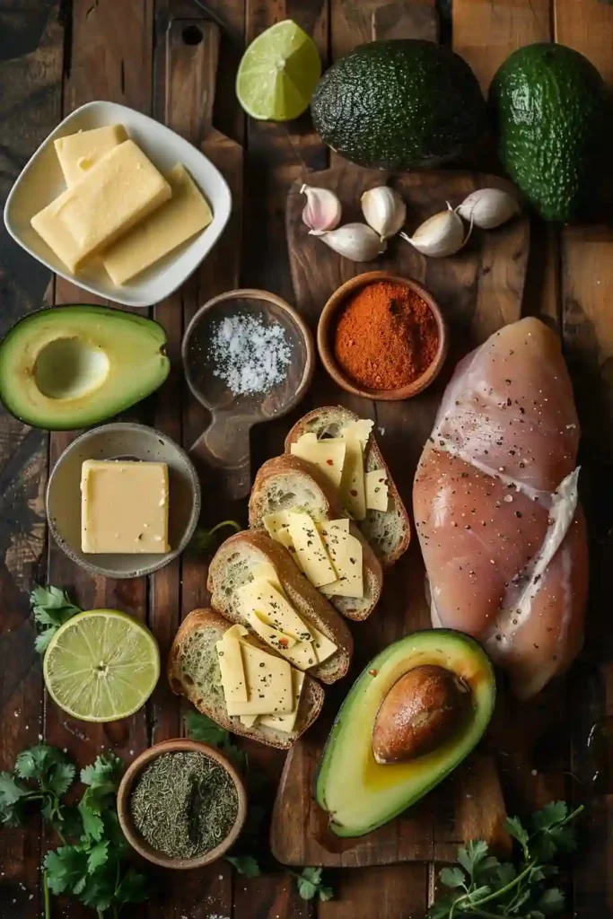 Toasted Chicken Avocado Melt Sandwich with crispy bread, seasoned chicken breast, creamy avocado filling, and melted cheese. Served fresh with lime wedges and herbs.
