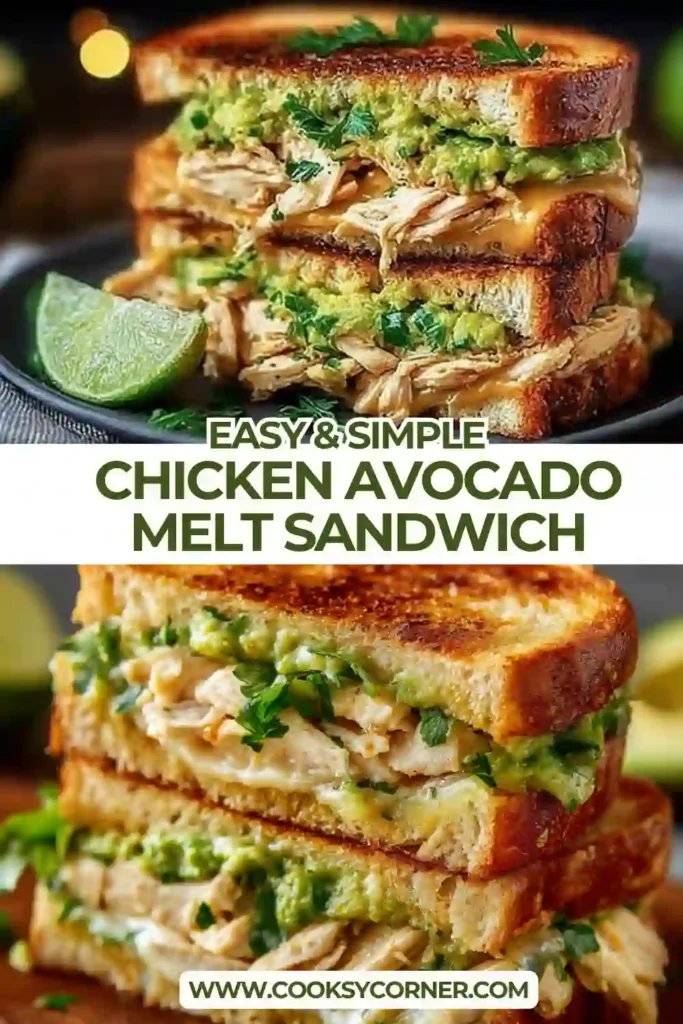 Close-up of a grilled chicken avocado sandwich with gooey melted cheese and creamy avocado layered between crispy buttered sourdough bread. Perfect easy lunch recipe with rich savory flavor.